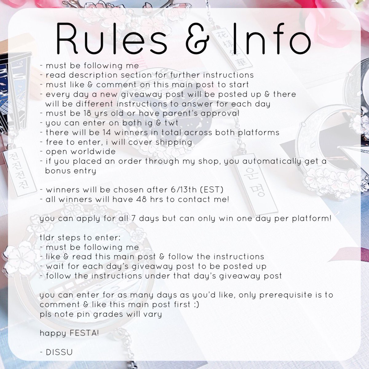 disequil's tweet photo. [ 🌱🌸 7 DAYS OF GIVEAWAYS ]

- open worldwide
- 6/7-6/13

🌱 prerequisites

- must be following me or @dissumerch 
- rtwt this post &amp; tag 2 friends
- comment below what day you’re looking forward to the most!

each day will have a separate post, will link ⬇️

#BTS8thAnniversary https://t.co/lUKL6mbIQz