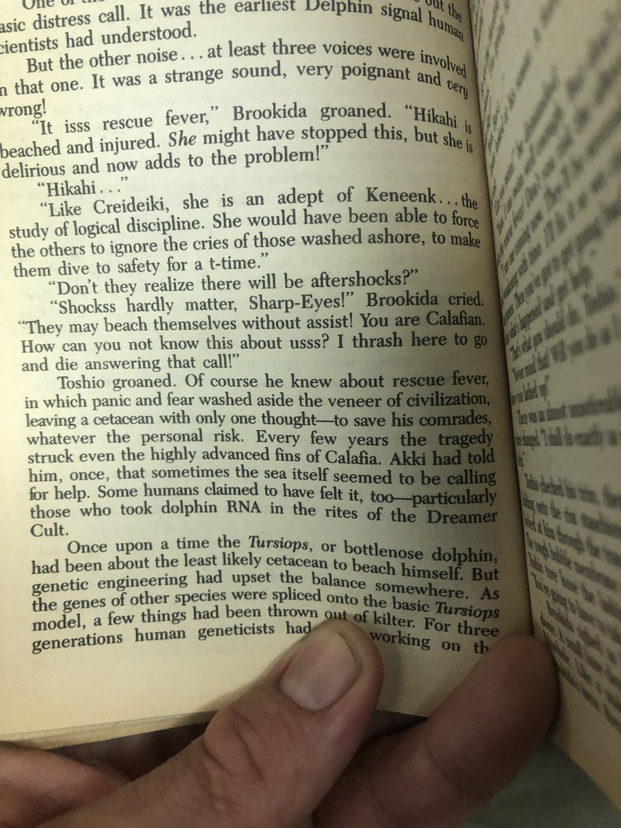EricAngelRamos's tweet photo. Thoroughly engulfed in the world of #startiderising by #davidbrin. Genetically altered Tursiops speaking anglic and primal whistling? Oh fuck yes. Tursiops spliced with Stenos to create super creative and intelligent hybrids in the neo-fin gene pool? You had me at #spacedolphin https://t.co/U9U5Sl1g0l