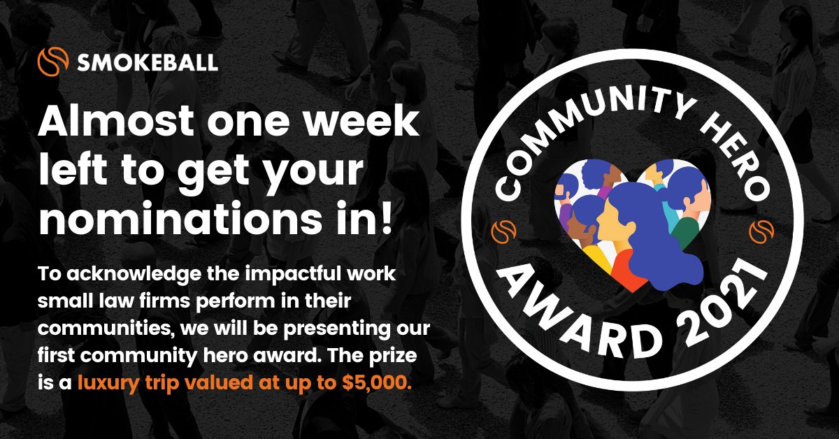 Applications close next Tues, have you submitted your nomination yet? We wish to acknowledge an exemplary act or contribution through the presentation of the Smokeball #CommunityHeroAward, and with a luxury trip valued at up to $5,000.
Make a nomination: bit.ly/3tIiozk