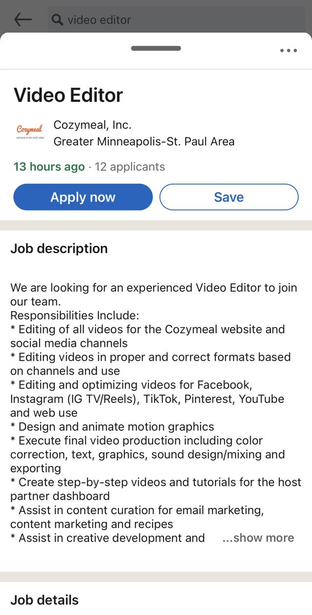 NicholasCoker's tweet photo. Been seeing a lot of Video Editor job listings from @TheCozymeal on LinkedIn. Applied to one a while back, and it turned out to be a scam (not the real company). Wanted to alert fellow applicants and the real Cozymeal; I don’t see these listings on your site. https://t.co/LuYhBqOo9f