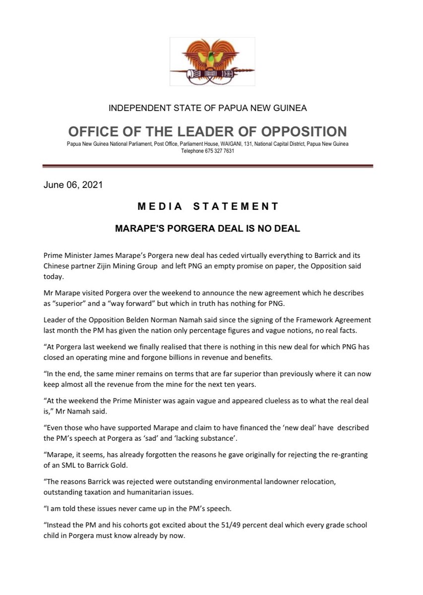 HonBNN's tweet photo. Statement by the Leader of the Opposition Hon. Belden Namah, MP, on the “new” Porgera Deal. #PNGpol https://t.co/wWT2FsK6pI