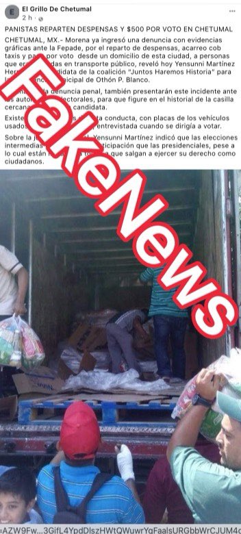 AlertaFakeNews_'s tweet photo. #FAKENEWS🚨

Circula en redes sociales una supuesta entrega de despensas en el municipio de #Chetumal por parte del #PAN para influir en el voto

Esto es ❌ #Falso.

No te dejes engañar y verifica la información antes de compartir https://t.co/TpAf3CRxnM