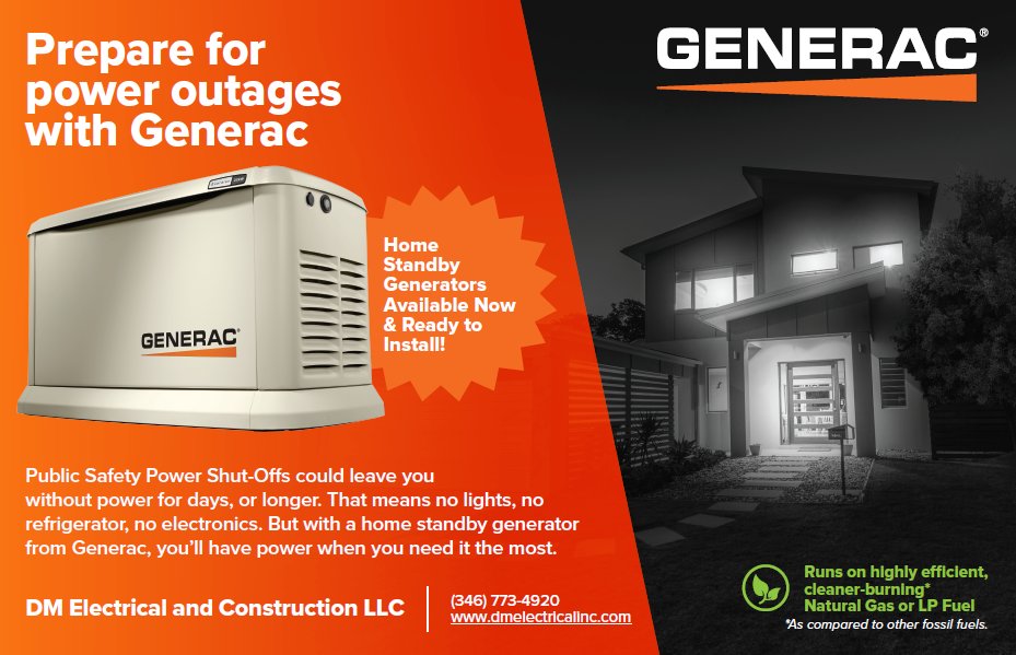 MargoWH's tweet image. With #hurricaneseason approaching in the Houston area, are you prepared? Sharing information on #Generac automatic home standby generators for a little peace of mind during outages: dmelectricalinc.com/home-standby-g…