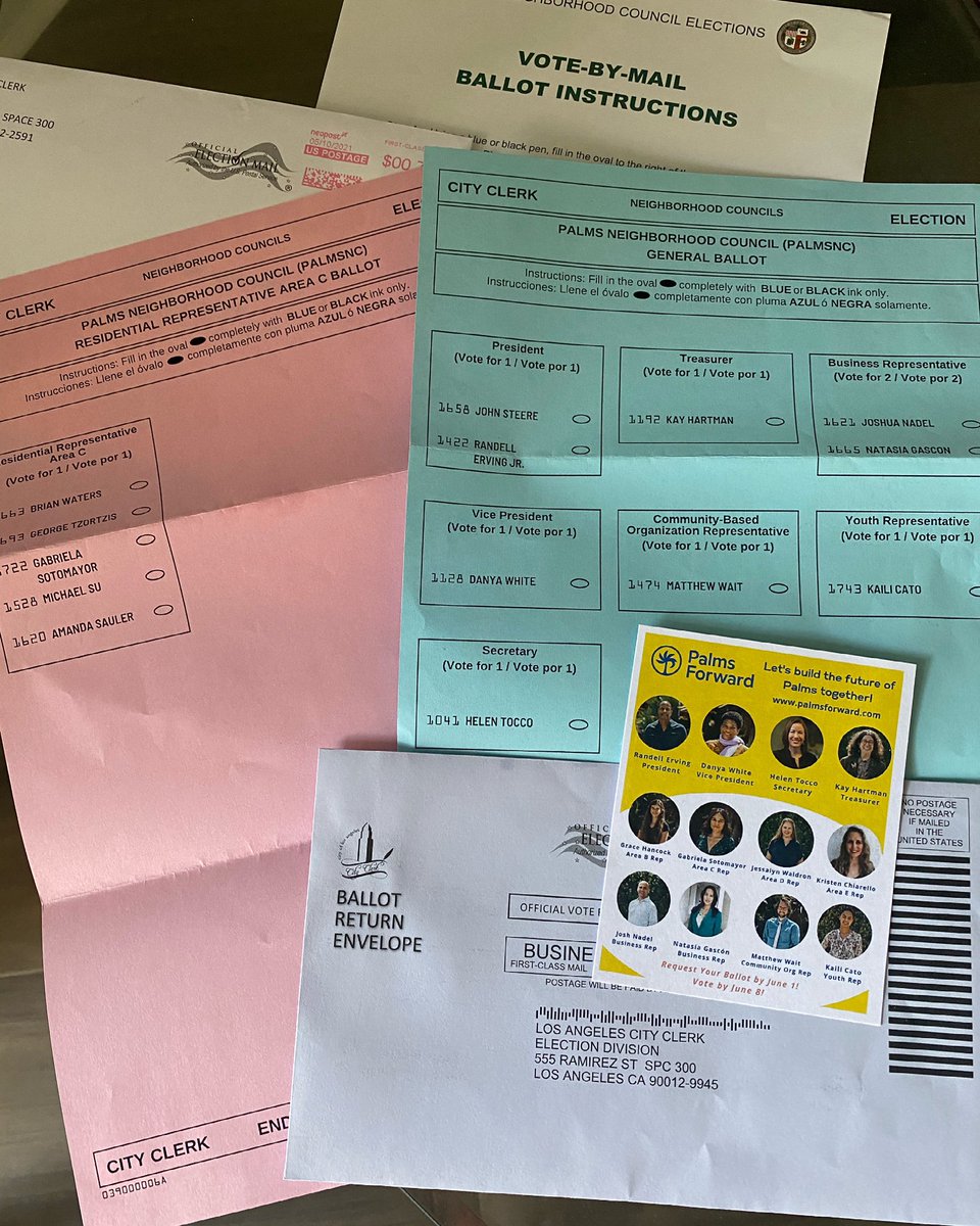 PalmsForward's tweet photo. Requesting your Palms Neighborhood Council ballot was the first step. Now we need you to vote Palms Forward!

It's important that you return your ballot to the City Clerk by June 8 via mail or you can drop you ballot in the drop box at Palms Rancho Public Library June 4-8! https://t.co/OvpZOXJPFN