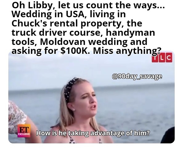 Seriously, is the 🍆 THAT good that Libby truly cannot see what a mooch Andrrrei is? He's been unemployed for 3 years!
#dickmatized 
.
📷 @90dayfiancefanatics2 
.
#90dayfiance #90dayfiancehappilyever #elizabethandandrei #bigdaddychuckbucks #user #mooch