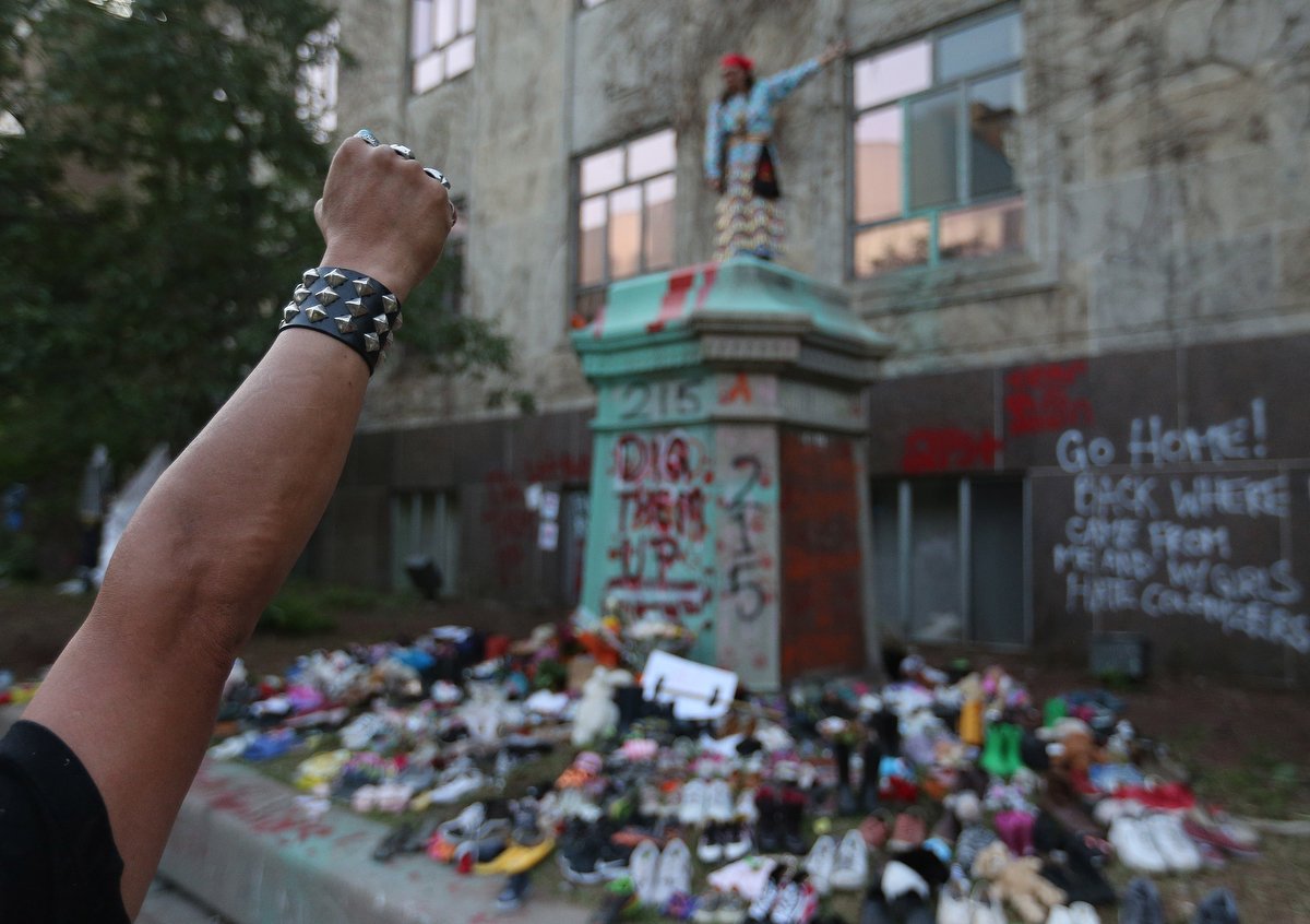 SteveRussell's tweet image. The statue of Egerton Ryerson on the Ryerson University campus is no longer standing. Protesters call for the investigation in the deaths of First Nations children in residential schools across Canada.  #XUniversity