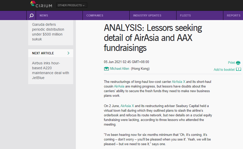 Michael_K_Allen's tweet photo. Last week, AirAsia X held a briefing with lessors on its restructuring plan, though details on its equity fundraising were lacking, people who attended the meeting tell @cirium. Meanwhile, lease restructuring negotiations at short-haul carrier AirAsia are gaining momentum. https://t.co/bBTkR92Q09