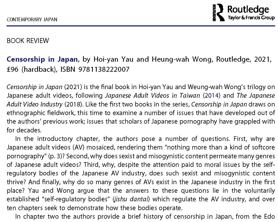 CJ_jrnl's tweet image. .@AlexHambleton reviews Hoi-yan Yau &amp;amp; Heung-wah Wong’s Censorship in Japan @routledgebooks: “significant contribution” &amp;amp; “convincing explanation to all who have ever wondered why almost anything goes in Japanese pornography” #pornstudies #JapaneseStudies
doi.org/10.1080/186927…