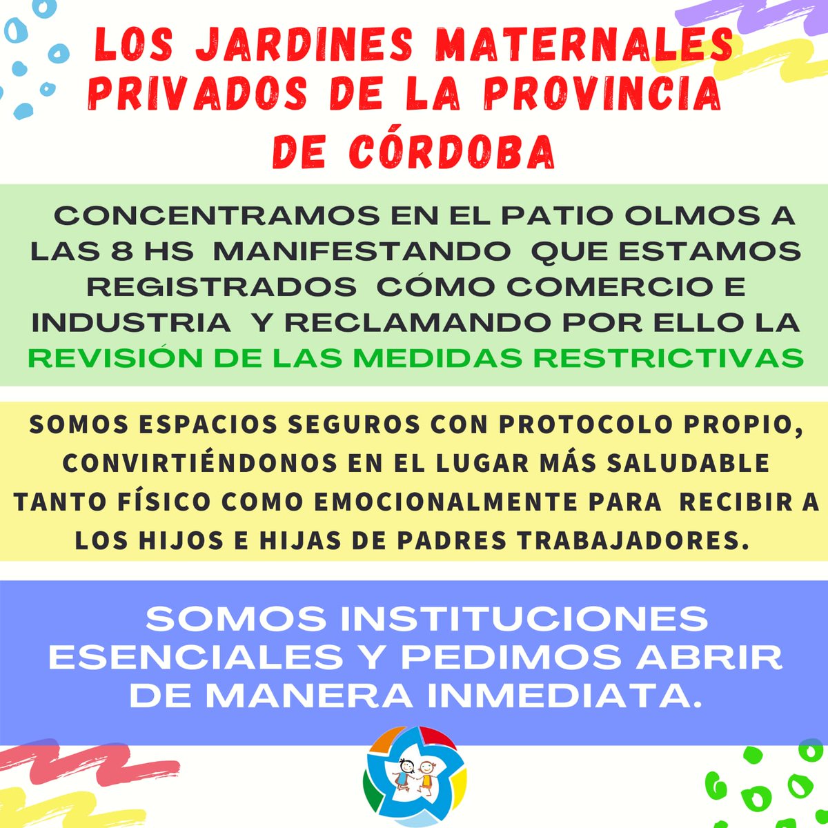 ACIJAM1's tweet photo. LOS JARDINESMATERNALES SOMOS ESENCIALES!!
LOS TRABAJADORES ESENCIALES NOS NECESITAN!
REVISIÓN DE ESTAD MEDIDAS!

 @JSchiaretti @ManuelCalvoCba @miguelsiciliano @MartinLlaryora @gabyguzmanok @SoleFloresCba
@Cadena3Com @Cba24Ncomar @centromediatv @ElDoce @telefecordoba https://t.co/ds9AKSFE2T