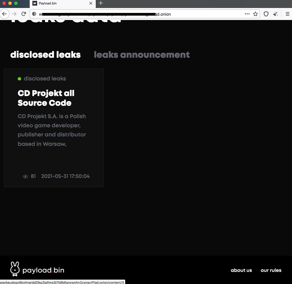 RESecurity's tweet photo. #PayloadBIN - new "group" appeared out of nowhere. Starting May 31, they claimed to have leaked the data stolen from @CDPROJEKTRED. In the uploaded 274,8 GB (in 5 parts) - some fragments seem to be authentic with what has been leaked before by #HelloKitty #Ransomware. https://t.co/ZUGRinJSnk