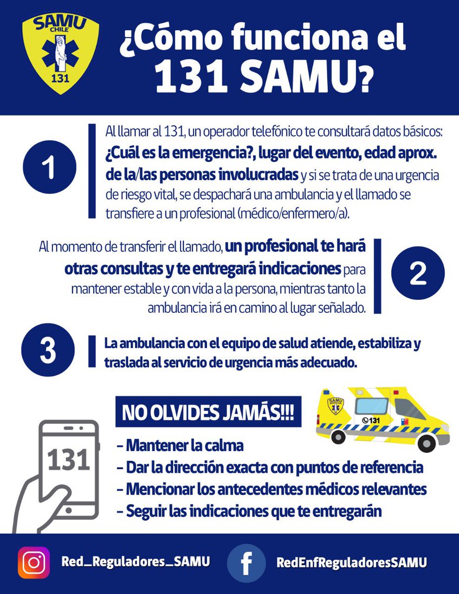 samu_chile's tweet photo. Cómo funciona el 1️⃣3️⃣1️⃣ SAMU?
👇🚑 #Samu131 #CentroRegulador131
#CCUE @Samumetropolita @Samu8C @samulautaro @SamuAntofagasta @samu_aconcagua @SAMU_SSVQ @AtacamaSamu @SubSAMUChiloe @SamuTalcahuano @samu_magallanes #SAMUreloncavi https://t.co/JTP3QFdtbh