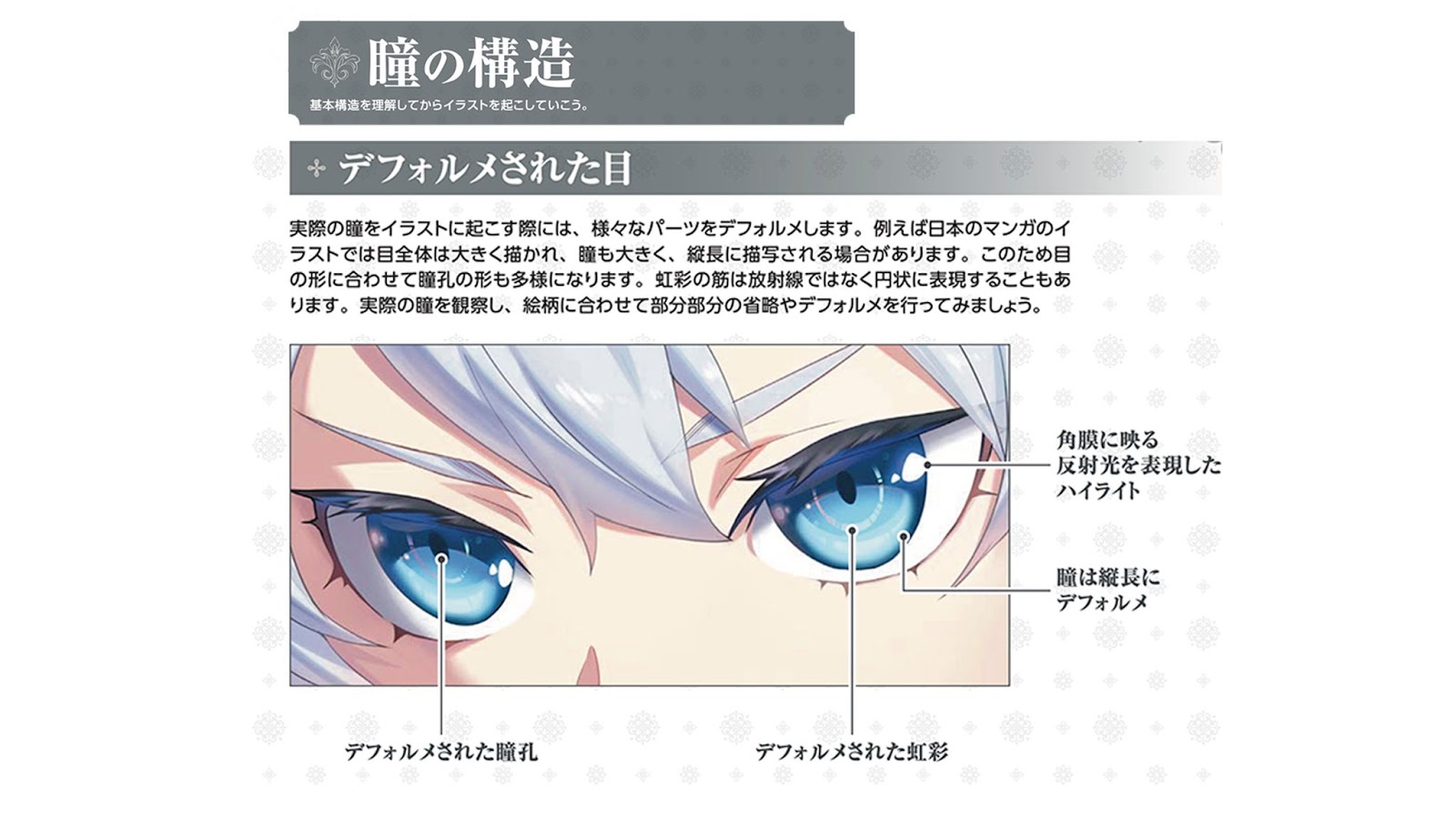 玄光社 超描けるシリーズ 超描ネタ帳 瞳をイラスト に起こす際には 様々なパーツをデフォルメします マンガでは目全体は大きく描かれ 瞳も大きく 縦長に描写される場合があります このため目の形に合わせて瞳孔の形も多様になります きらめく瞳