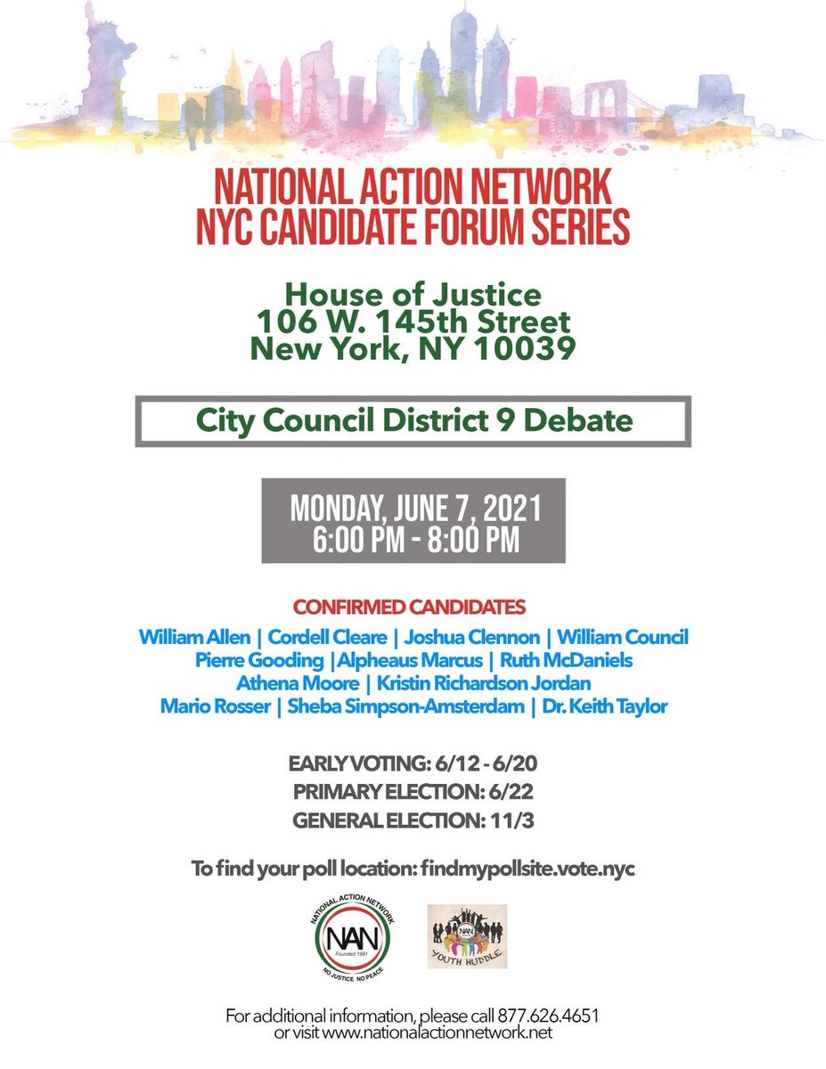 TOMORROW, join us for the NAN District 9 City Council Candidate Debate at the NAN House of Justice in Harlem at 6pm ET. 

Visit nationalactionnetwork.net or NAN’s Facebook to watch online if you cannot join us in person.

Questions can be submitted in person and online.