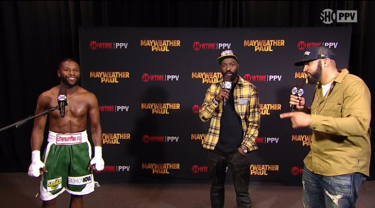 Apex Marketing Group on X: Crypto buckle - @ethereum_max is featured on @ FloydMayweather boxing shorts for tonight's bought vs @LoganPaul also on  his shorts are Fashion Nova and CBD company Smilz #MayweatherPaul @