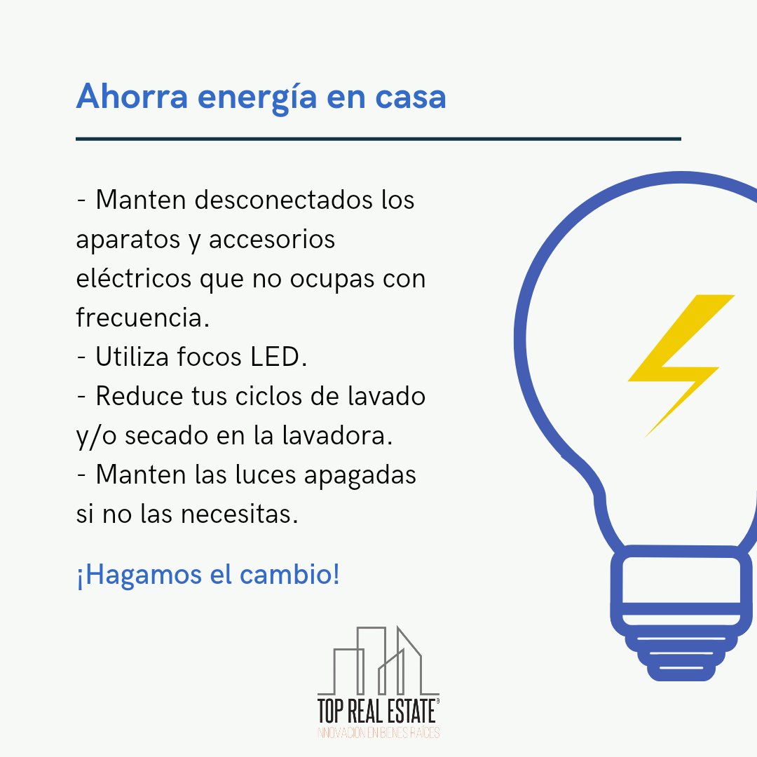 toprealestatemx's tweet photo. Todos los ahorros nos resultan benéficos para un estilo de vida saludable en todos los sentidos.
Te dejamos algunos consejos para que ahorres energía en casa.
#toprealestatemx #topinforma #decisionesinteligentes #ahorrodeenergia #ecofriendly #energiasrenovables #ahorro https://t.co/Ad4ZKPWYYc