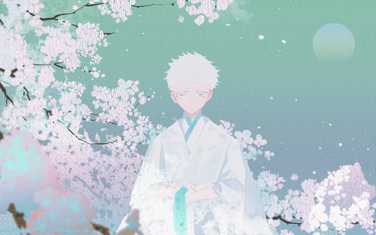 solo white hair 1boy male focus japanese clothes short hair cherry blossoms  illustration images