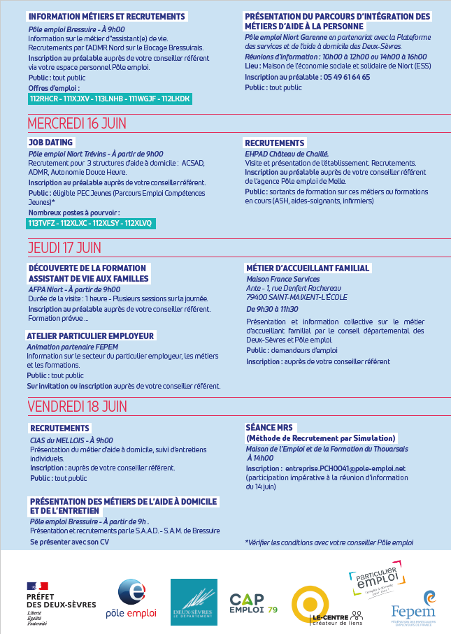 #Recrutement #MRS d'aides à domicile à #Thouars et dans le #Thouarsais à l'occasion de la 𝗦𝐞𝐦𝐚𝐢𝐧𝐞 𝐝𝐞𝐬 𝐦𝐞́𝐭𝐢𝐞𝐫𝐬 𝐝𝐮 𝐠𝐫𝐚𝐧𝐝 𝐚̂𝐠𝐞 organisée en #DeuxSèvres du 14 au 18 juin. Positionnez-vous directement sur l'offre 👉 candidat.pole-emploi.fr/offres/recherc… #TousMobilisés