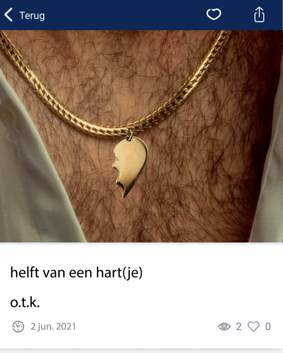 2dehands 👜💍
Rubriek: Handtassen en Accessoires
Te koop aangeboden: Helft van hart(je)
Prijs: otk 
Levering: Ophalen
Conditie: Weinig gebruiksschade, zo goed als nieuw
Beschrijving: Verkoop helft van mijn hart(je) wegens niet meer nodig en andere interesses. 
Bedankt 💔