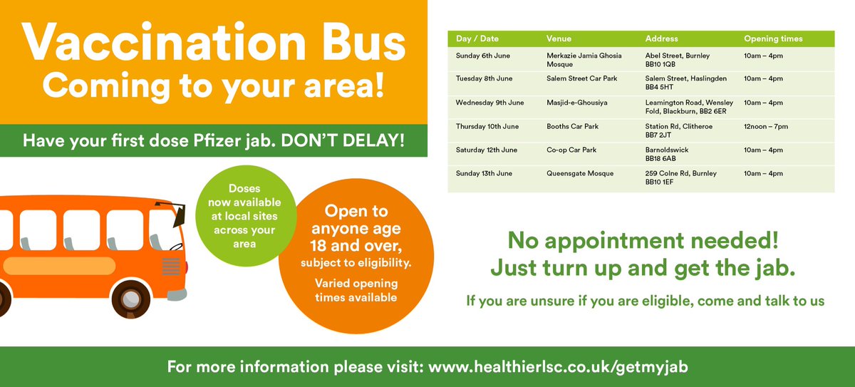 The vaccine bus is out and about this week. Come and see us if you are aged 18 and over. Discuss eligibility with us if you are unsure. @blackburndarwen @burnleycouncil @PendleBC @RossendaleBC @RibbleValleyBC @BwDCCG @HealthierLSC