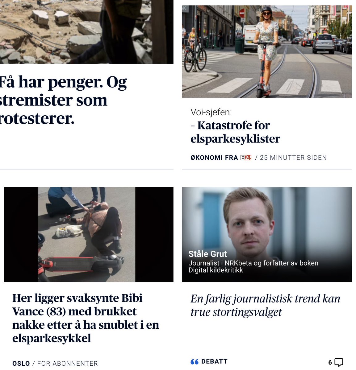 Bare minner Voi-sjefen og andre elsparkesykkeltilbydere om kombinasjonen av nyheter på <a href="/Aftenposten/">Aftenposten</a> sin forside for øyeblikket.