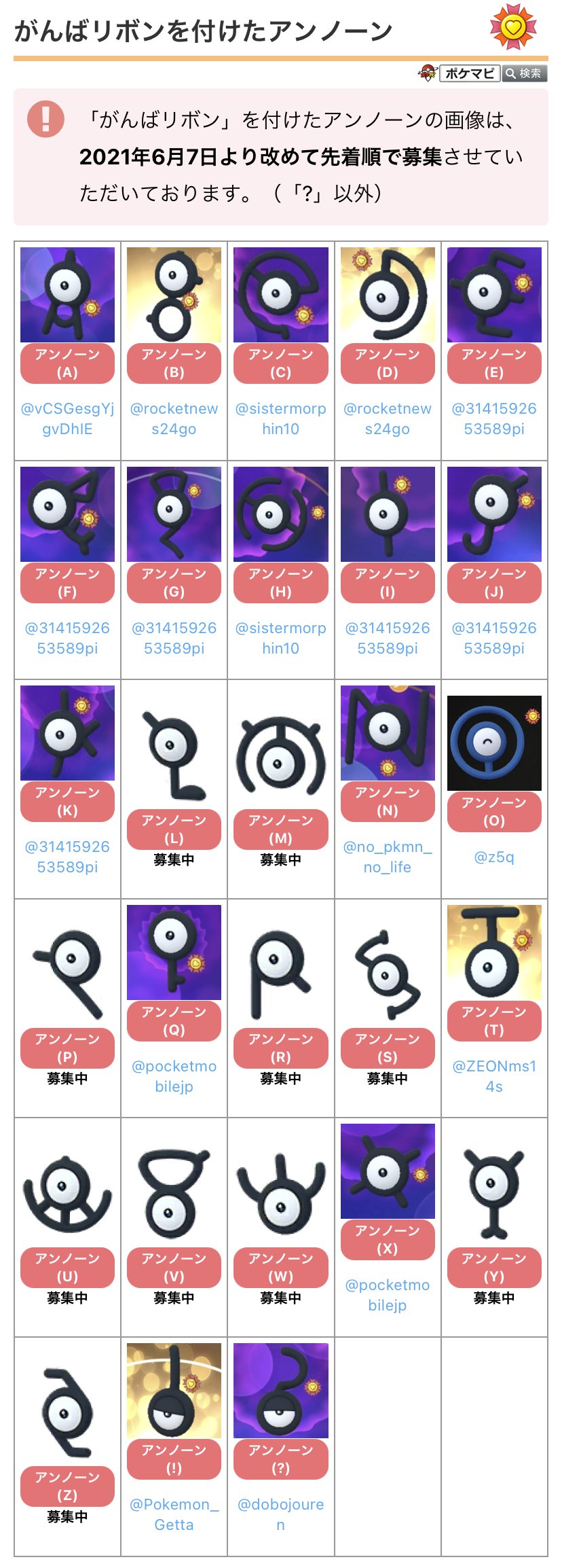 ポケモンgo攻略情報 ポケマピ がんばリボンを付けたアンノーンの画像について たくさんのご協力ありがとうございます 現在までにお送りいただいた画像を がんばリボン図鑑 に掲載させていただきました 各文字先着1枠 引き続き 募集中 の