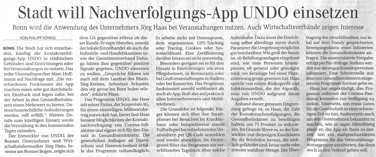 UNDO - die digitale Pandemiebekämpfung 2.0

Wir, die Scopevisio, haben eine sehr leistungsfähige und sichere digitale Kontaktnachverfolgung (undo-app.de) entwickelt. Unseres Erachtens die Beste in Deutschland. #Scopevisio <a href="/scopevisio/">Scopevisio</a> #undo <a href="/JoergEHaas/">Jörg Haas</a>