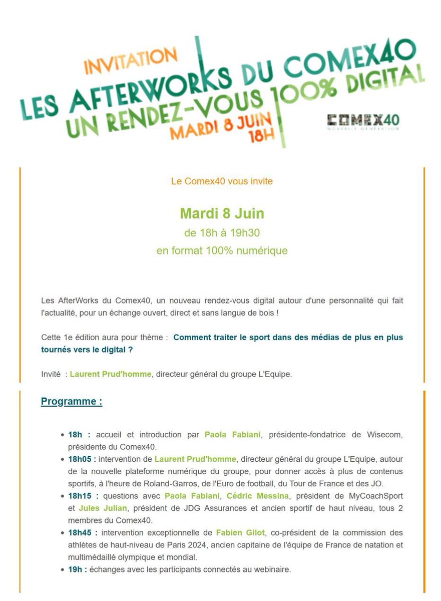 ‼️RAPPEL‼️ #AfterWork avec <a href="/LaurentPrudhom/">Laurent Prud'homme</a> du Groupe <a href="/lequipe/">L'Équipe</a> c’est demain à 18h ! 

Dans une actu sportive intense 🎾⚽️🚴🥇comment apprécier le sport dans les médias à l’heure du digital ? 

Avec la participation de <a href="/Gilotfabien1/">Gilot Fabien</a> 
Infos et inscriptions f.info.medef.com/f/p?q=uZFaXc6a…