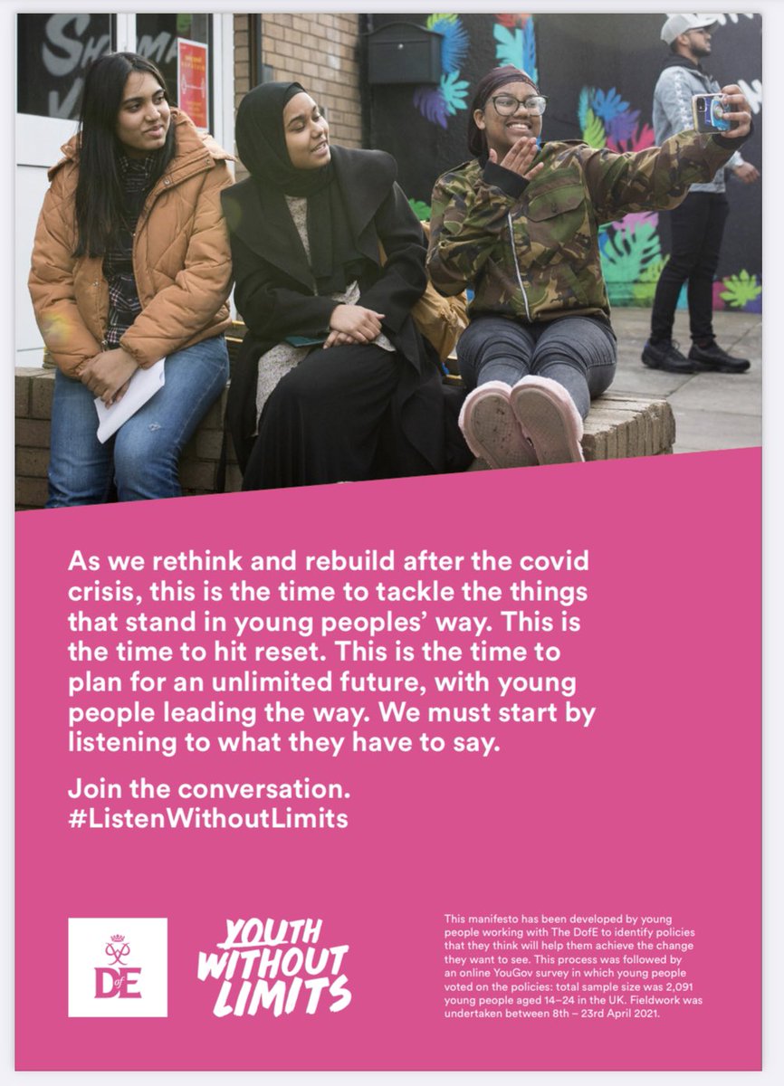 AnnaSmee1's tweet image. Back at work today after a lovely break, and what better news to come back to than the launch of the @DofE YouthManifesto sharing insights from 2000 young people! #ListenWithoutLimits dofe.org/wp-content/upl…
