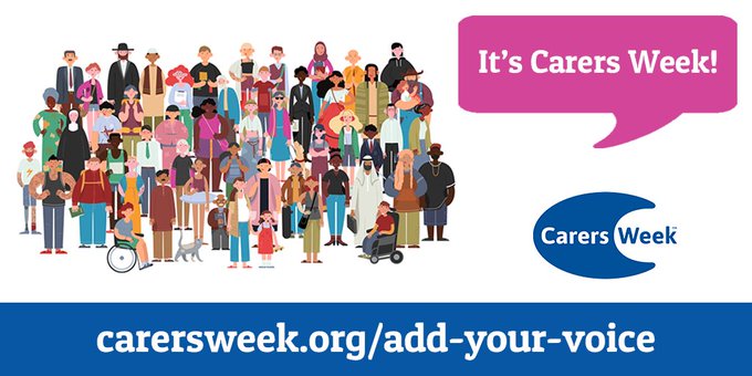 A graphic of a large crowd of people with a pink speech bubble to the right that says 'It's Carers Week!'. The Carers Week logo is to in the bottom right corner. 