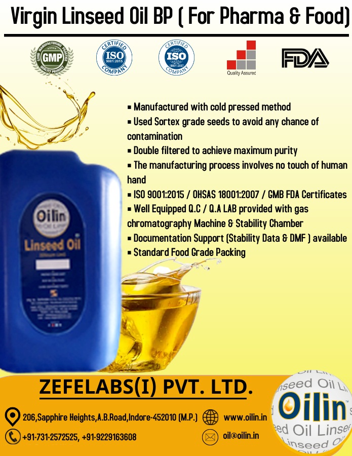 OilinMega's tweet photo. #Zefelabs Pvt. Ltd presenting brand #Oilin which produced #Virgin # linseed #oil BP  for pharma &amp; food industry certified by  ISO 9001:2015 / OHSAS 18001:2007 / GMB FDA. For order 
Website:- https://t.co/oJLstUwwkO 
Number:- +91-731-2572525+91-9229163608
Mail- oil@oilin.in https://t.co/Egyu80o1KM