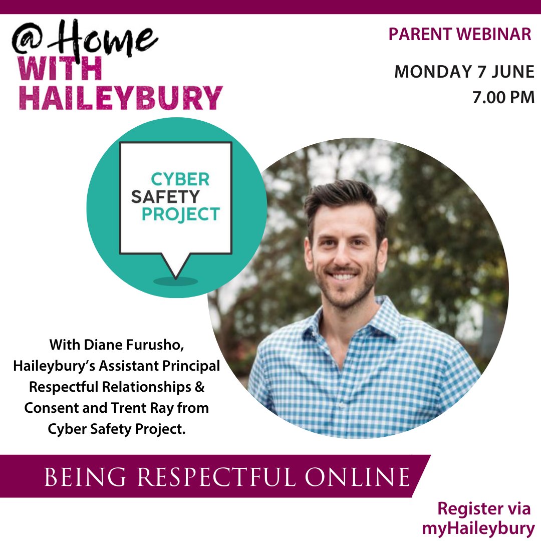 Haileybury's tweet photo. Join Diane Furusho, Haileybury's Assistant Principal Respectful Relationships &amp; Consent, &amp; Trent Ray from Cyber Safety Project this evening @ Home with Haileybury, for a webinar about connecting safely and respectfully online 💻  To register visit myHaileybury. See you there! https://t.co/GeOHihScpx