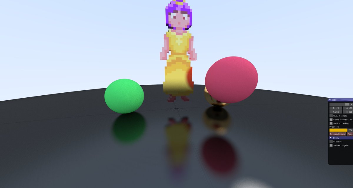 FreshWaterFern's tweet image. My friend buddy @DragonCoke made a ray tracer and put Bebe into the scene. I don't know why I'm sharing this. But it looks pretty cool.