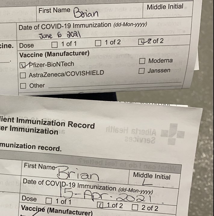 15 months after a pandemic is declared, I’m honoured to say I’ve now received my second #vaccine dose against #covid. Thanks to <a href="/ahs/">AHS</a> for making this happen today and the amazing people at telus convention centre in #yyc who smiled the whole time