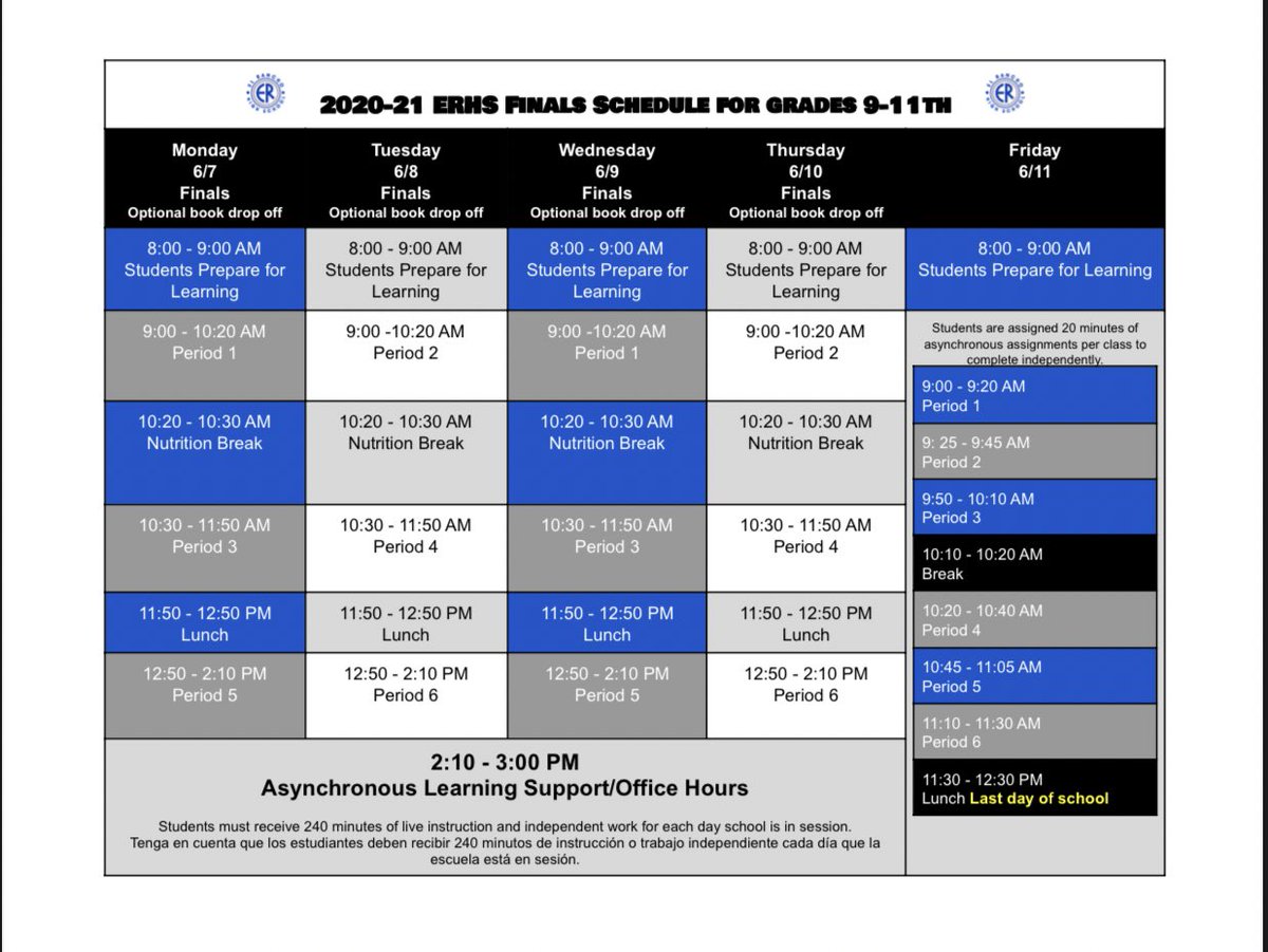 Last week of school schedule! 💙 Good Luck on your finals dons! Check out next tweet for more info on book drop off! 📚