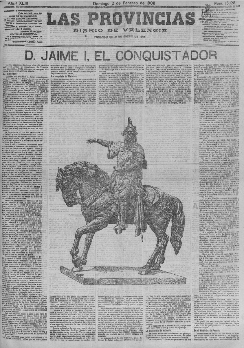 Segons explica Rafa Roca, hi hagué tres fites que significaren un pas avant en la mitificació de Jaume I com a pare de la pàtria valenciana: el VIé centenari de la mort en 1876, l’aplec d’escriptors a Poblet de 1882 i la commemoració del VIIé centenari del naixement en 1908... 👇
