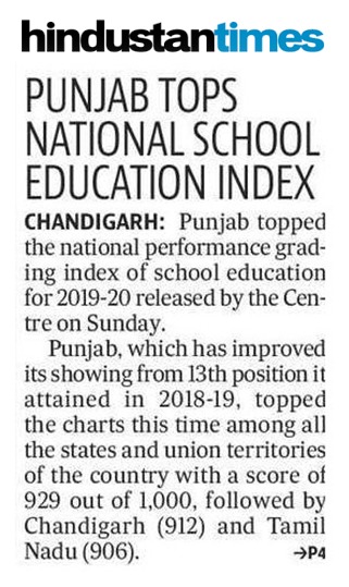 VijayIndrSingla's tweet photo. Driving transformational reforms in the field of Education under Hon. CM @Capt_Amarinder’s leadership, proud to share that Punjab has topped the Performance Grading Index 2019-20 released by @EduMinOfIndia. Congratulations to teachers &amp; stakeholders! Sharing its media coverage. https://t.co/kPNnOGLXU2