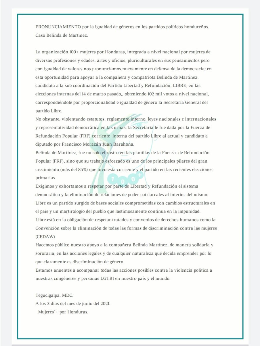 Pronunciamiento
#100masmujeresporHonduras