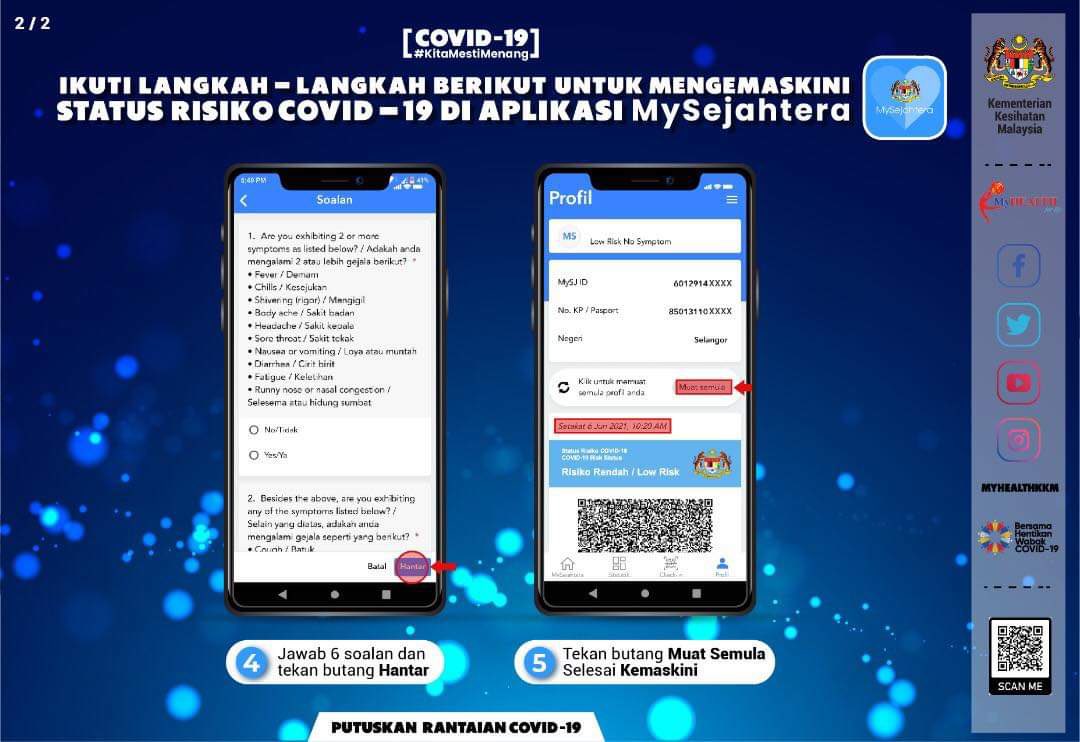 KKMPutrajaya's tweet photo. Pemilik MySejahtera perlu kemaskini status anda sekiranya :                                                             
✅ada simptom atau 
✅ada sejarah perjalanan keluar negara atau 
✅ ada kontak rapat kepada kes positif atau 
✅ terlibat dalam perhimpunan ramai atau kluster. https://t.co/lD59YT805w