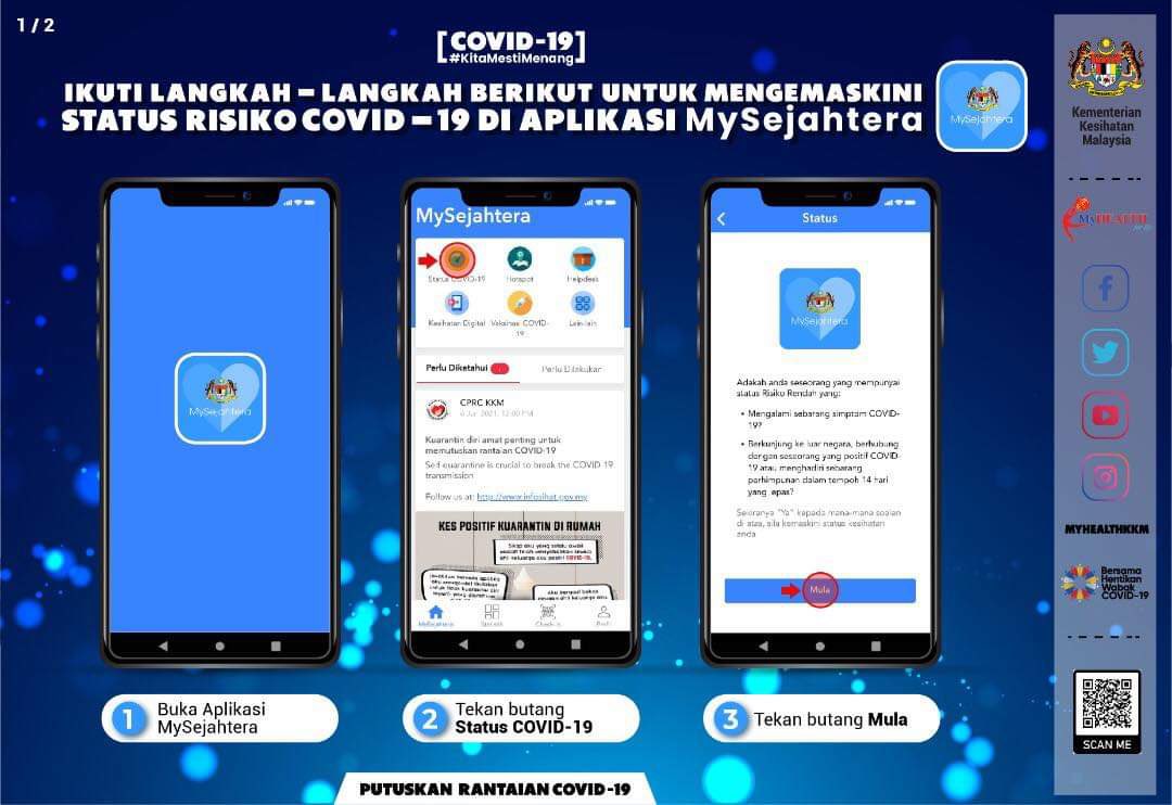 KKMPutrajaya's tweet photo. Pemilik MySejahtera perlu kemaskini status anda sekiranya :                                                             
✅ada simptom atau 
✅ada sejarah perjalanan keluar negara atau 
✅ ada kontak rapat kepada kes positif atau 
✅ terlibat dalam perhimpunan ramai atau kluster. https://t.co/lD59YT805w