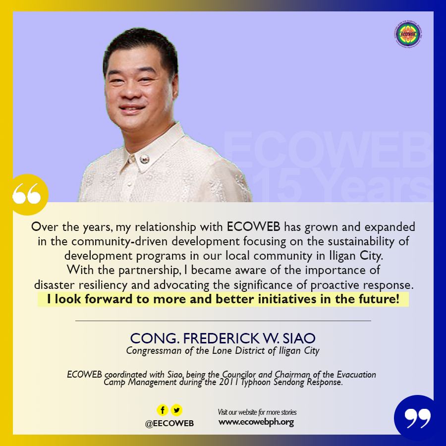 EECOWEB's tweet photo. "There will be #sustainabledevelopment with an effective collaboration and coordination with our partners in progress, with #ECOWEB."

Cong. @freddiesiao is ECOWEB's partner during the 2011 #TyphoonSendong response in the Philippines. #ECOWEBCelebrates #ECOWEB15 @Nanet_Antequisa https://t.co/WGkmxLcQk3