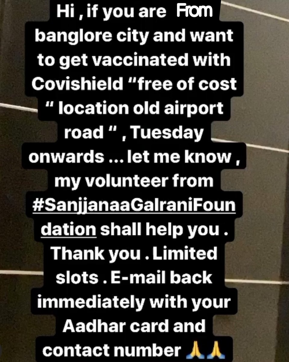 SanjjanaaG's tweet photo. If anyone wants to get vaccinated in Bangalore please contact us.
#SanjjanaaGalrani #sanjjanaagalranifoundation #sanjjanaafoundation #sgfoundation https://t.co/fIf2bjwH8J