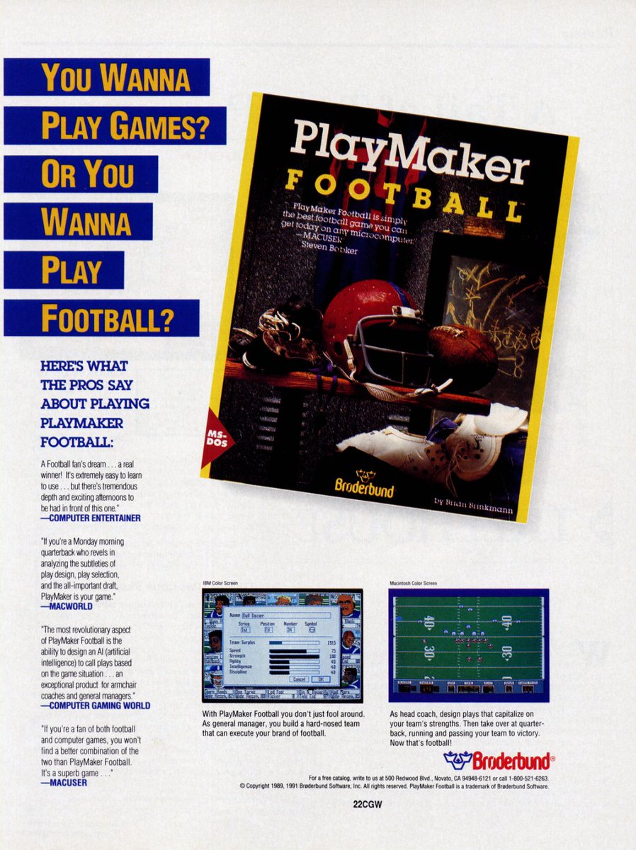 TakodanTweets's tweet image. 1992 ad for 'PlayMaker Football' by #Broderbund on #PC and #Macintosh