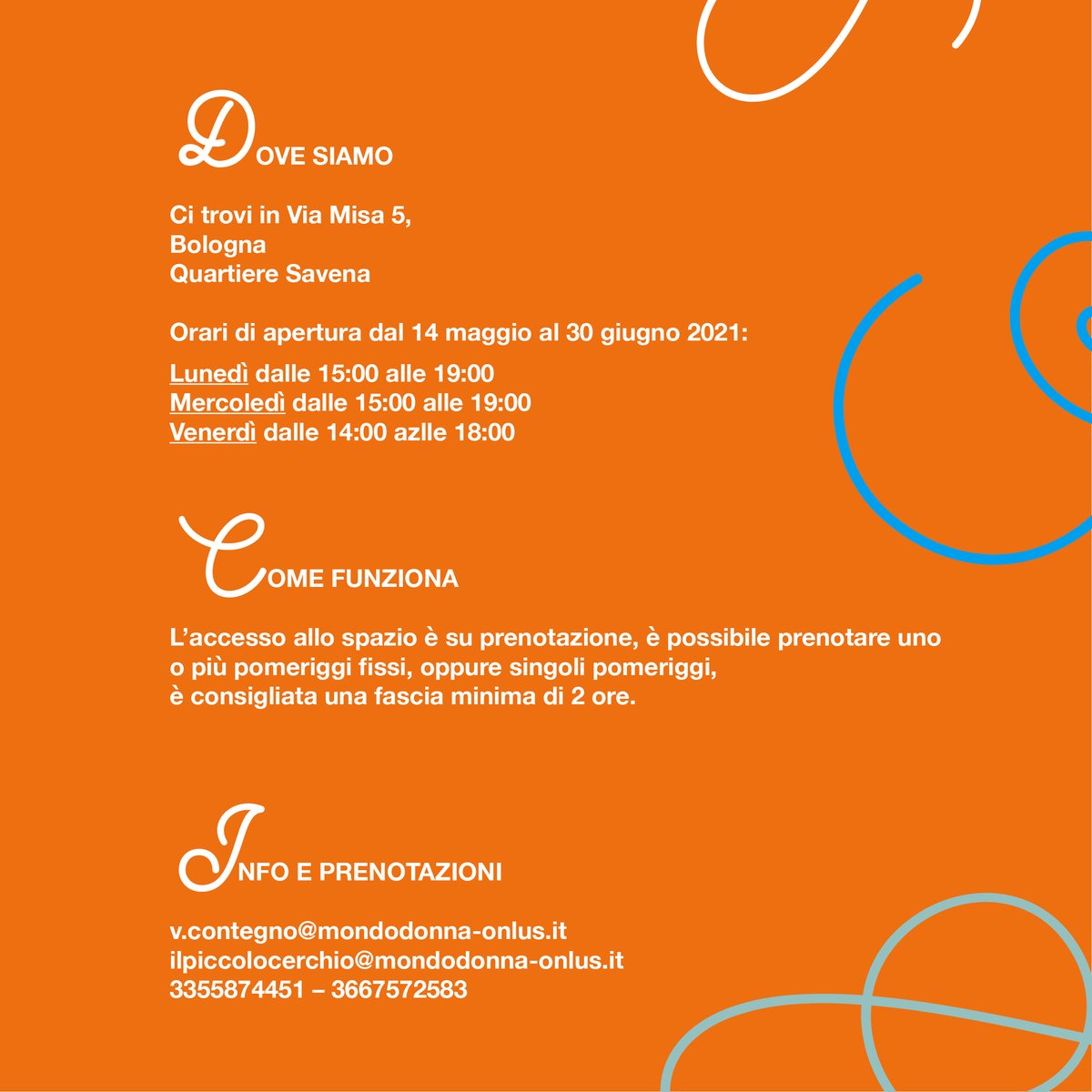 MondoDonna Onlus (@mondodonnaonlus) on Twitter photo IL PICCOLO CERCHIO
Un nuovo spazio dedicato ai più piccoli, #gratuito
e #ApertoAllaCittadinanza.
Per informazioni:
v.contegno@mondodonna-onlus.it
ilpiccolocerchio@mondodonna-onlus.it
3355874451 – 3667572583
<a href="/RegioneER/">Regione Emilia-Romagna</a> IL PICCOLO CERCHIO
Un nuovo spazio dedicato ai più piccoli, #gratuito
e #ApertoAllaCittadinanza.
Per informazioni:
v.contegno@mondodonna-onlus.it
ilpiccolocerchio@mondodonna-onlus.it
3355874451 – 3667572583
<a href="/RegioneER/">Regione Emilia-Romagna</a>