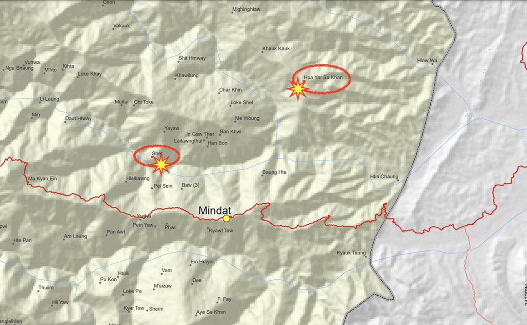 Intense Clashes bet: CDF and military terrorists still happening in nearby villages across Mindat Tsp. Two members of CDF were killed during the clashes in HpaYarSanKhan village &amp; another one was killed in Shet village. #June7Coup  #WhatsHappeningInMyanmar