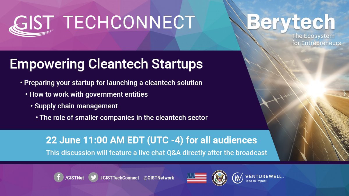 GISTNetwork's tweet image. On the next 🎥 #GISTTechConnect we&apos;re discussing exciting new opportunities for addressing water security 🌊, deforestation 🌲, and energy efficiency ⚡️through #cleantech #innovation! Join us 22 June, 11am ET! Co-hosted by GIST IHub @Berytech gistnetwork.org/cleantech