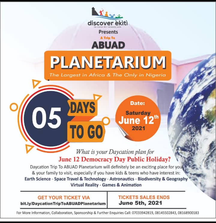 ekititrends's tweet photo. It's 05Days To Go to Daycation Trip To ABUAD Planetarium

😉😉 you can't afford to miss this adventure.

Book Your Tickets via

https://t.co/mA3ZzsHFtz

@Discover_Ekiti
#05DaysToGo
#ThingsToDoinEkiti
#DiscoverEkiti https://t.co/WagKwPpVCC