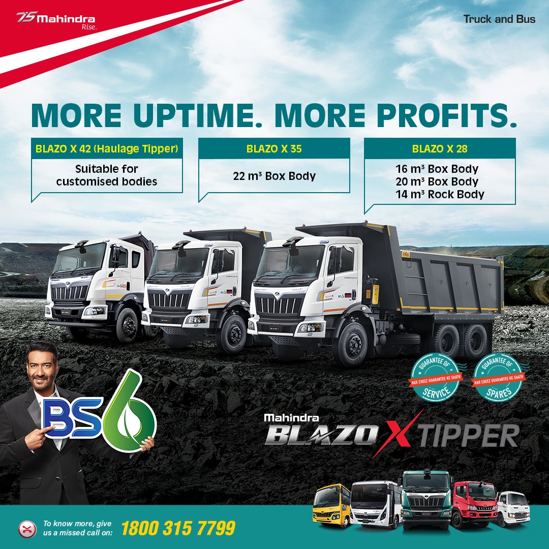 MahindraTrukBus's tweet image. Equipped with mPOWER engine and Fuelsmart technology, #MahindraBLAZO X Tipper provides more uptime and profits. The advanced BS6 After Treatment System is designed to give you better fuel efficiency and greater reliability. Give a missed call on 18003157799. #MahindraTruckAndBus