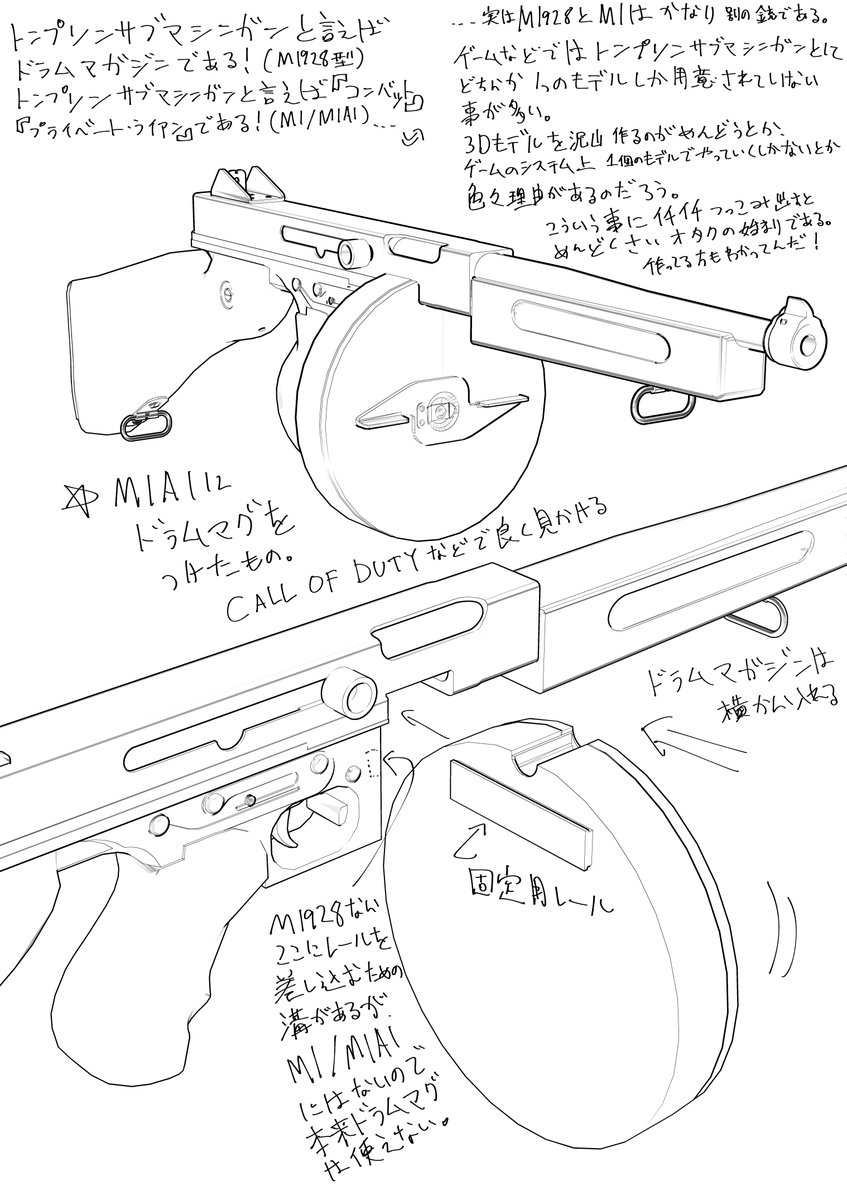 以前作った僕のトンプソンアセットとトンプソン考です。
トンプソンM1型はドラムマガジンが装着できないですが、ゲームなどではよく装着してるところを目にします(僕のアセットもそう)
作ってる側も解ってて都合上やってるので、ここにドヤ顔でツッコんではいけない。 