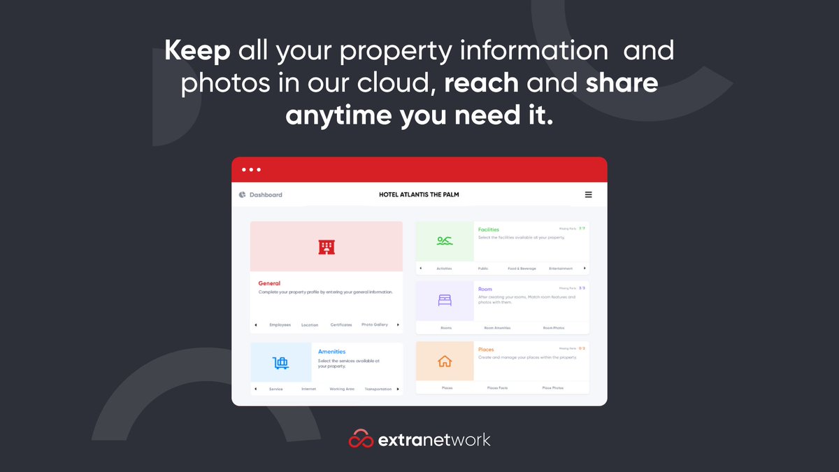Oda ve tesis özellikleri, fiyatlar, fotoğraflar, yemek planları ve otelinize dair bütün bilgileri bulut tabanlı altyapımızda güvenle saklayın, istediğiniz an istediğiniz cihazdan ulaşın, değiştirin ve paylaşın.

Ücretsiz denemek için hemen kaydolun!
extranetwork.com