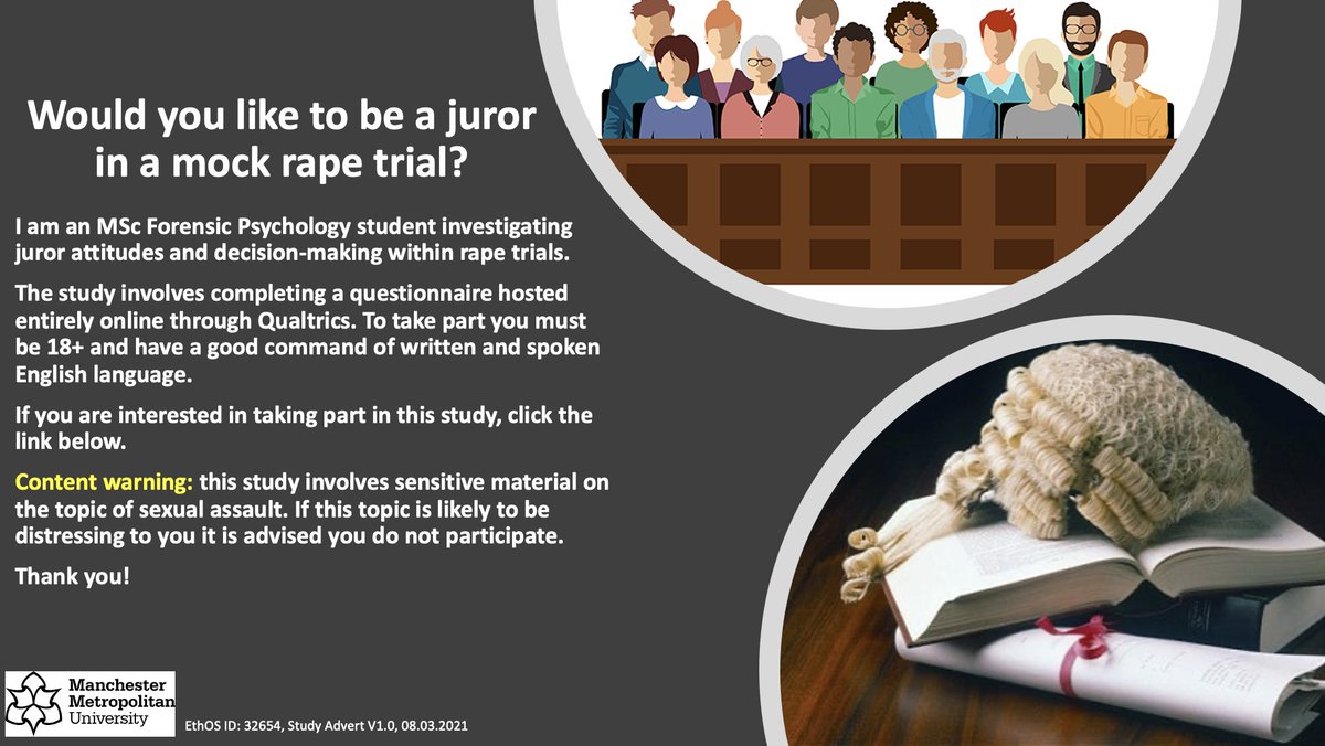 Still in need of participants for my MSc Forensic Psychology dissertation study! 
Please take part if you can I would be massively grateful. It will take around 25-30 min to complete and involves acting as a juror in a mock rape trial.
mmu.eu.qualtrics.com/jfe/form/SV_4M…